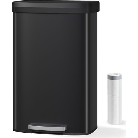 80 L Poubelle de cuisine rectangulaire à pédale, acier inoxydable – couvercle plastique fermeture douce anti-odeurs, serre-sac, poignée arrière – Couleur : Noir