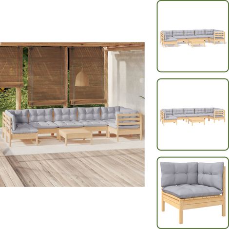8-tlg. Garten-Lounge-Set mit Grauen Kissen Kiefernholz - Garten Lounge Set - Kiefernholz Möbel - Outdoor Furniture - Loungemöbel - Gartengeräte (1/5)