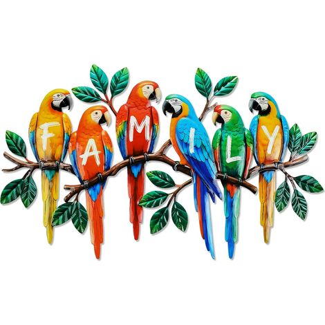 Art mural en métal avec perroquet et lettres - 43 cm - Oiseaux colorés sur une branche - Décoration murale facile à accrocher - Décoration en fer pour clôture, jardin, patio, salon (1/5)