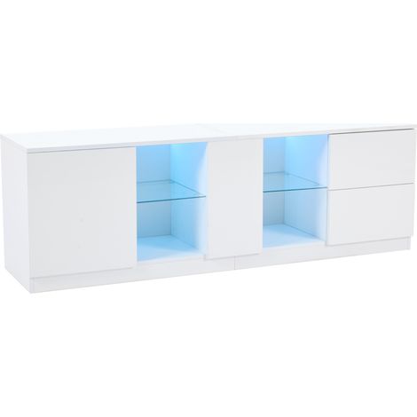 Meuble TV blanc laqué 160 x 40 x 52 cm avec éclairage LED et rangements, support jusqu'à 65" (1/5)