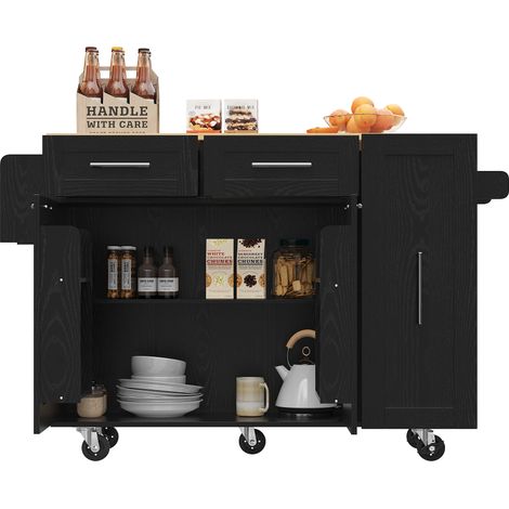 Îlot de cuisine moderne, meuble et buffet effet bois, table multifonction avec espace de rangement, desserte avec étagères à snacks et modules extensibles, noir
