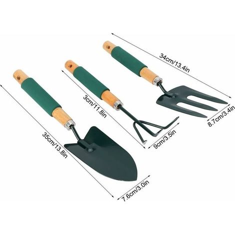 Set di 3 piccoli attrezzi da giardino resistenti: 1 pala/cazzuola da giardino, 1 artiglio/rastrello, 1 forca per piante con manico ergonomico in legno, kit di attrezzi in metallo per bonsai per trapia (1/5)