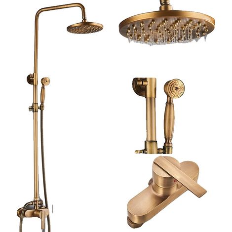 Ensemble de robinet de douche de salle de bain rond de 8", mélangeur mural en laiton antique avec douchette, double poignée, hauteur réglable, ensemble de robinet chaud et froid, FTIE1 (1/2)