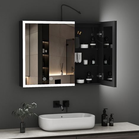 Schwarz Spiegelschrank Bad mit Beleuchtung 80x60cm Komplett Vormontiert Spiegelschrank mit Beleuchtung Badezimmerschrank Hängeschränke Medizin Kabinett mit 3 Einstellbare Lichtfarben, Beschlagfrei (1/5)