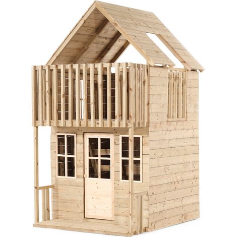 Tp Toys – Maisonnette cabane en bois traité autoclave classe III – Dimensions 127 x 161 x 248 cm – 2 étages avec terrasse et échelle (1/5)