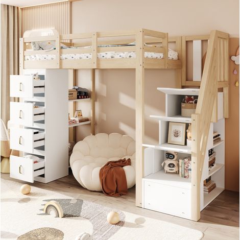 Cama alta con almacenaje de madera 90x200 cm OKMYHOME (1/5)