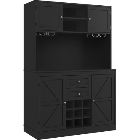 Buffet haut de cuisine noir avec 4 portes, 2 tiroirs, rayonnage à vin et étagères réglables, meuble de rangement pour cuisine et salon (1/5)
