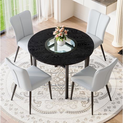 Mesa de comedor redonda 100 cm con 4 sillas de PU, negro y gris HAVRYA (1/5)
