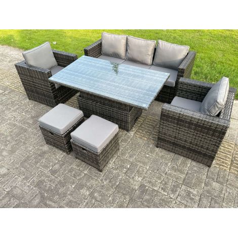 Fimous Rattan Gartenmöbel Set Outdoor Gartensofa Loungemöbel Sitzgruppe Essgruppe Garnitur mit Hocker Dunkelgrau Gemischt (1/4)