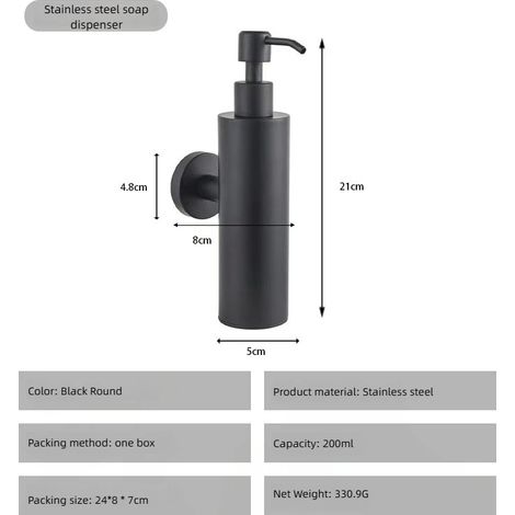 Flacon rond noir en acier inoxydable pour gel hydroalcoolique, distributeur de savon liquide, flacon de gel douche, flacon à suspendre, flacon mural. (1/5)