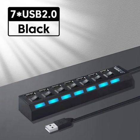 1 x Hub USB 2.0, adaptateur secteur 4 ports, extenseur avec interrupteur, câble 30 cm, noir – pour bureau et domicile