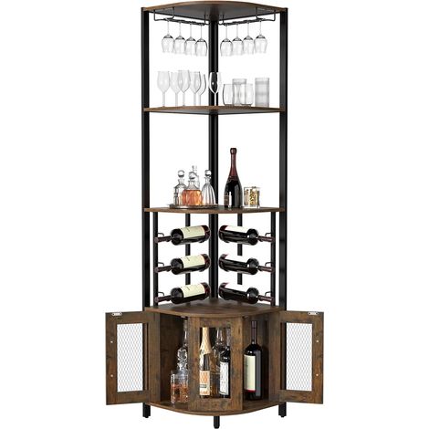 Meuble de Bar d'angle avec Support en Verre, Armoire à vin à 4 Niveaux avec Portes en Maille métallique, Armoire à vin avec kit Anti-basculement pour Maison, café, Bar, Liqueur et vin (1/5)