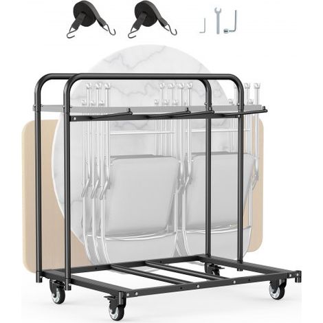 Estante para Sillas Plegable, Capacidad de 181 kg, Carrito Resistente para 5 Mesas y 14 Sillas, Soporte para Sillas con Ruedas Giratorias y Ruedas de Bloqueo para Fiestas, Eventos, Negro Mate (1/5)