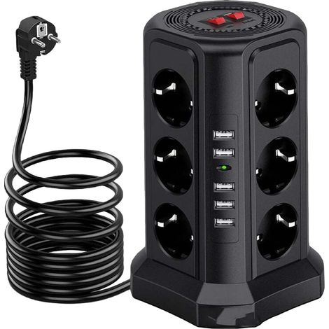 1 Multiprise tour, 12 prises secteur, 5 ports USB, 3 interrupteurs individuels, protection surtension, maison bureau (1/5)