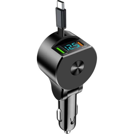 Chargeur de voiture rétractable 3 en 1, charge rapide 75 W USB-C et USB-A avec voltmètre LED, 12-24 V (1/5)