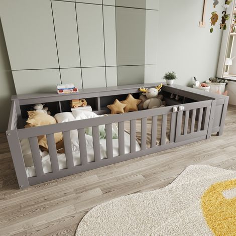 REDOM Lit enfant 90x200 cm avec rangements intégrés barrières de sécurité en bois Gris (Sans matelas) (1/5)