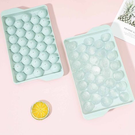 Bac à glaçons à 33 alvéoles avec couvercle, moule à glaçons sphériques compact en plastique PP, bleu, pour usage domestique. (1/5)