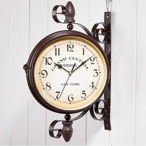 Horloge de gare double face, horloge de gare ronde en fer forgé, horloge murale noire rétro éclatante, compatible avec les couloirs, les porches et les gares. (1/4)