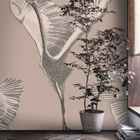 Papier peint panoramique Envol de grues sauvages 280 x 300cm Taupe