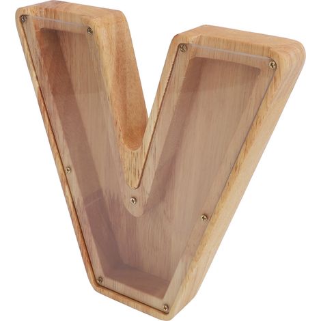 Tirelire en bois en forme de lettre V, grande tirelire pour pièces de monnaie avec motif ajouré (1/5)