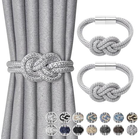 (Gris argenté)Lot de 2 embrasses magnétiques mini pour rideaux - Style nordique simple - Nœuds en corde élégants tissés à la main - Pour décoration de fenêtre de maison et de bureau (1/5)