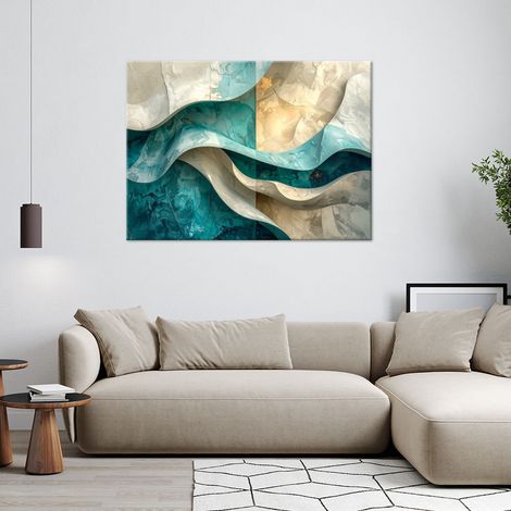 Wandbild Abstrakte Wellenlinien 3D-Effekt türkis beige 90x60 (1/4)