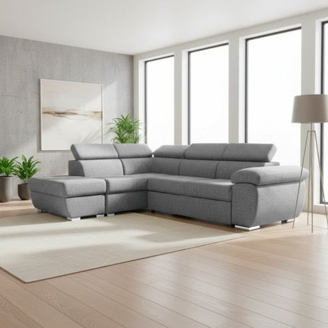 Divano letto Fiona angolare con penisola sinistra e pouf contenitore in tessuto Aragon 83 grigio