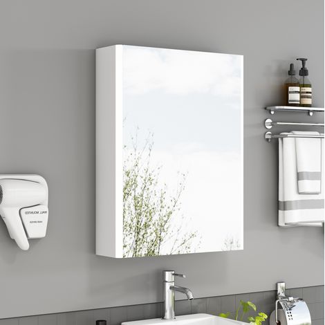 Armoire de toilette miroir 50 cm avec LED et prise française, murale, étagères en verre, 1 porte, blanc (1/5)