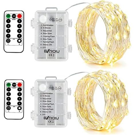 Lot 2 Guirlandes LED Batterie, 5 m, 50 LED, Télécommande, 8 Modes, Minuteur, Blanc Chaud, Fil Argent (1/5)