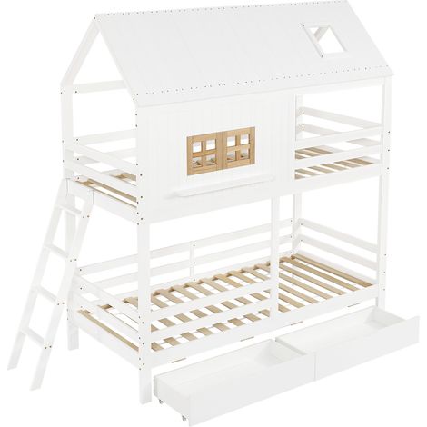 Lit superposé pour enfant, avec jolies fenêtres et toit, sommier à lattes stable et échelle, avec deux grands tiroirs, pin + MDF + contreplaqué, blanc + naturel, 90x200cm (1/5)