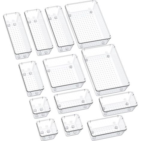 Organisateur de tiroir 13 pièces avec tapis en silicone antidérapant, taille 5, pour bureau et salle de bain, transparent. (1/5)