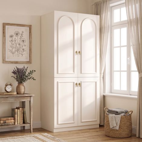 Armoire chambre 90x48x200 cm, avec penderie et porte-pantalons coulissant, meuble moderne 2 portes, en MDF et acier, Blanc (1/5)
