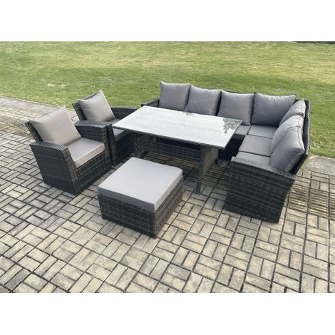 Fimous 9 Seater Garden Rattan Furniture Corner Sofa Dining Table Chairs Set with Big Footstool 2 Armchairs Indoor Outdoor Lounge Sofa Set (1/5)
