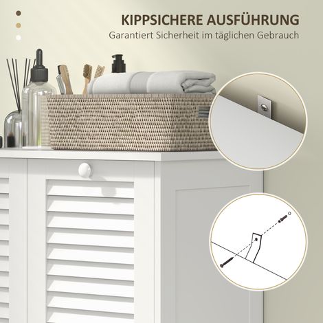 Armoire à linge, meuble de salle de bain avec 2 paniers à linge, placard de douche avec poignées, portes à lamelles, collecteur de linge sale, rangement salle d'eau 70 x 38 x 73 cm blanc (1/5)