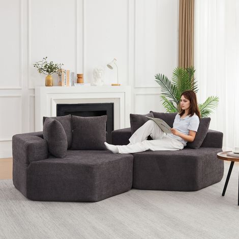 Fauteuil modulable hexagonal 122x138x76 cm en tissu chenille gris, pour salon FloraGrace (1/5)