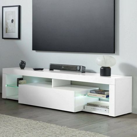 Dmora - Mueble TV Ugo, Aparador bajo de salón con 1 puerta, base para TV, 160x40h35 cm, Blanco brillo, con embalaje reforzado (1/5)