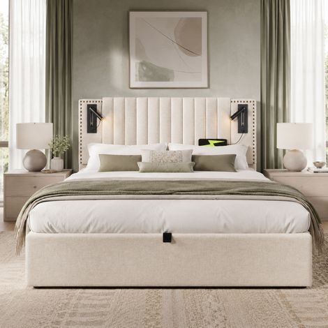 Bett mit Stauraum Baumwolle Beige 160x200 cm, mit Lattenrost, verstellbarem Kopfteil, Leselicht und USB/Type-C (1/5)