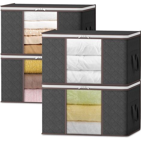 Sac de Rangement Vetement, Boite Rangement Pliable, Rangement Sous Lit, Housse Rangement Couette pour Vêtements, Couvertures, Demenagement, Gris, 50 L, Lot de 4