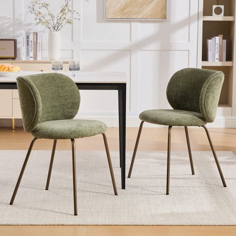Lot de 2 chaises chenille vertes, dossier courbé rembourré, piètement métal bronze, contemporaines (1/5)