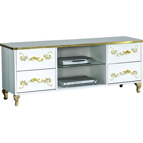 Meuble TV design bois vernis brillant blanc et doré Jade 160cm (1/3)