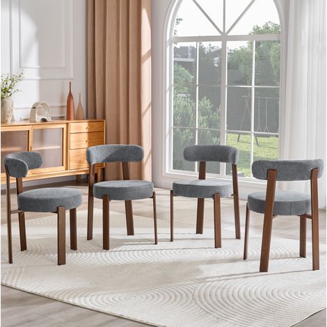 Lote de 4 sillas de comedor tapizadas con patas de madera y respaldo curvo, en lino, gris, para el salón (1/5)