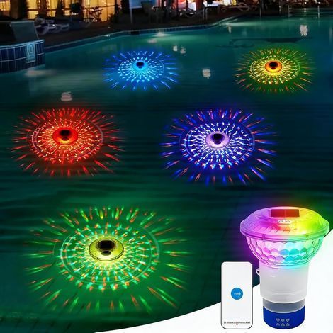 Diffuseur Chlore Piscine, Lampe Solaire Piscine Flottante avec Télécommande, Flotteur Chlore Piscine, Distributeur de Chlore Flottant, débit réglable et ouverture facile, lampe décorative RGB p (1/5)