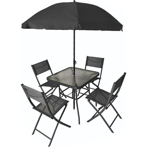 TRADE SHOP - Set Giardino Sharm Tavolo Con Ripiano Vetro 70x70cm 4 Sedie Pieghevoli Ombrellone Parasole - Nero (1/2)