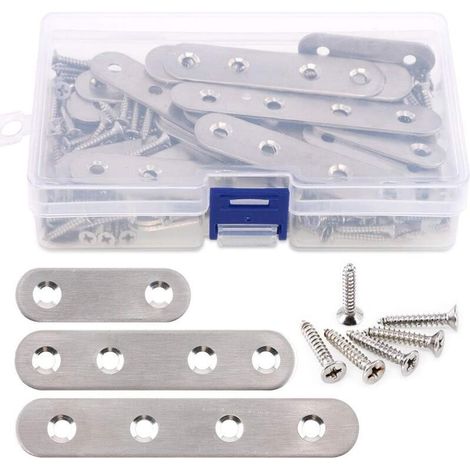 Lot de 35 supports droits plats en acier inoxydable de 3,7 cm, 5,7 cm, 9,7 cm, pour réparation de plaques de jonction et 80 vis, 115 pièces au total Argenté (1/5)
