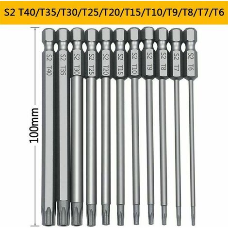 11 pièces 100mm S2 1/4 pouces tournevis Torx embouts hexagonaux de précision perceuse tournevis de sécurité magnétique T6-T40 tournevis Torx à tête longue (1/5)
