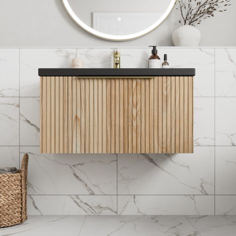 Fluted 800mm Bathroom Vanity Unit Black Basin Wall Hung Cupboard Soft Close Oak (1/5)