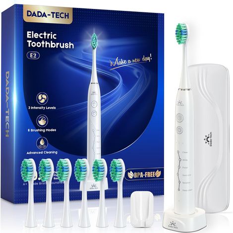 Brosse à dents électrique pour adultes et enfants, rechargeable, sonique, avec étui de voyage, support et 7 têtes de brosse, 6 modes et 3 intensités, minuterie de 2 minutes (Blanc) (1/5)