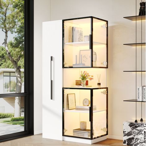 Vitrine LED 70x38x160 cm en MDF et verre blanc, avec rangement gain de place pour salon FloraGrace (1/5)