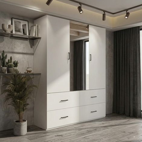 Armoire Chambre Adulte avec Penderie, Armoire 2 Portes et 4 tiroirs Armoire 180 cm Meuble de Rangement avec Miroir Armoire de Rangement Chambre,130x51.8x181.5cm, Blanc (1/5)