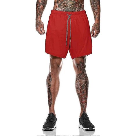 Short de sport 2 en 1 pour homme, idéal pour la course, la salle de sport et l'entraînement. Séchage rapide.-L-Red (1/3)